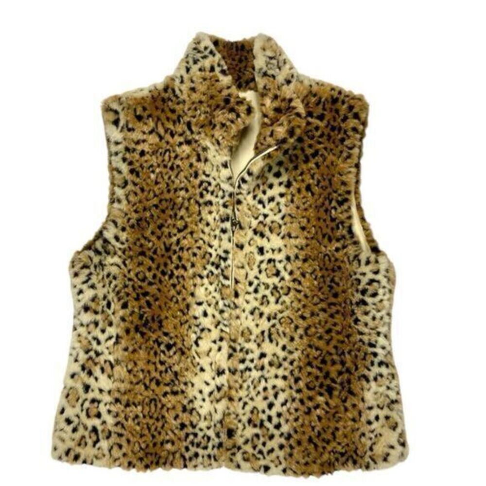 FUDA Studios Reversible Vest Womens M Cheetah Print Faux Fur Zip Stand Up Jacket